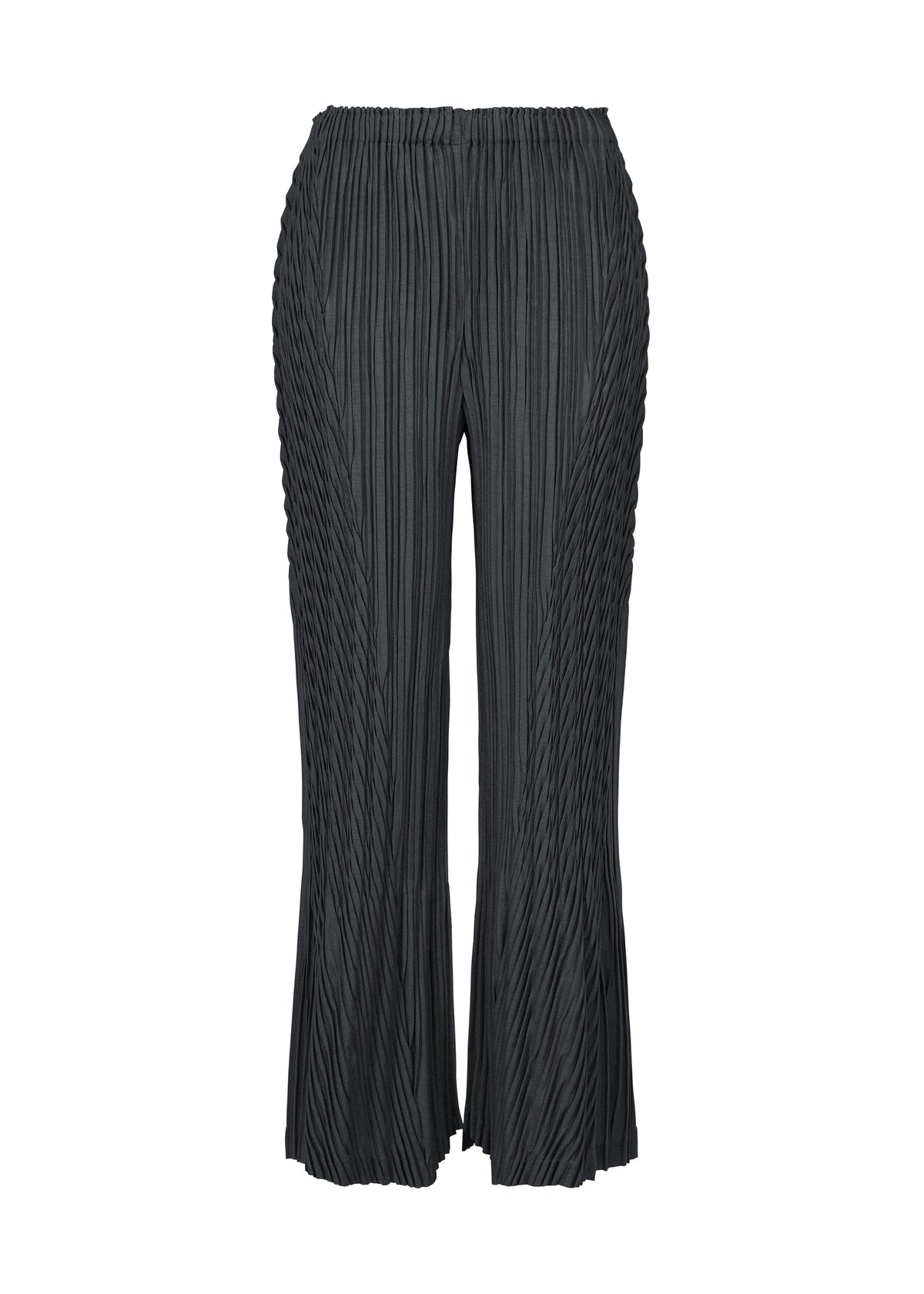 The UNFURLING PLEATS wide-leg pants by ISSEY MIYAKE, in black with vertical accordion folds, an elastic waistband, and a subtly flared hem, are showcased against a plain white background. view 3 of 8