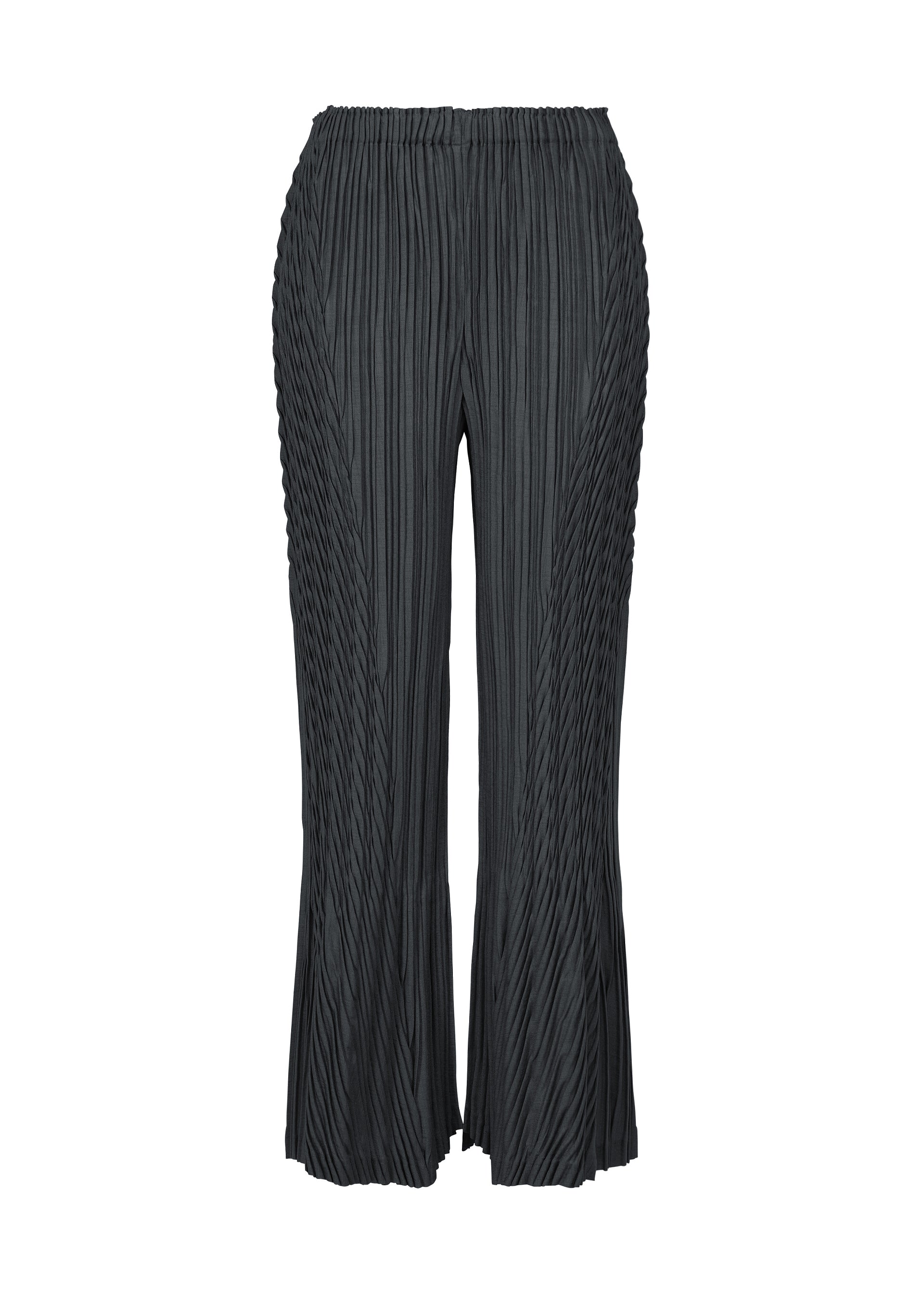 Zoomed view The UNFURLING PLEATS wide-leg pants by ISSEY MIYAKE, in black with vertical accordion folds, an elastic waistband, and a subtly flared hem, are showcased against a plain white background. - DARK NAVY （no.78）