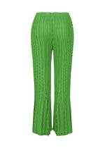 The UNFURLING PLEATS pants by ISSEY MIYAKE feature a bright green hue, high waist, wide legs, and an allover vertical ribbed texture.