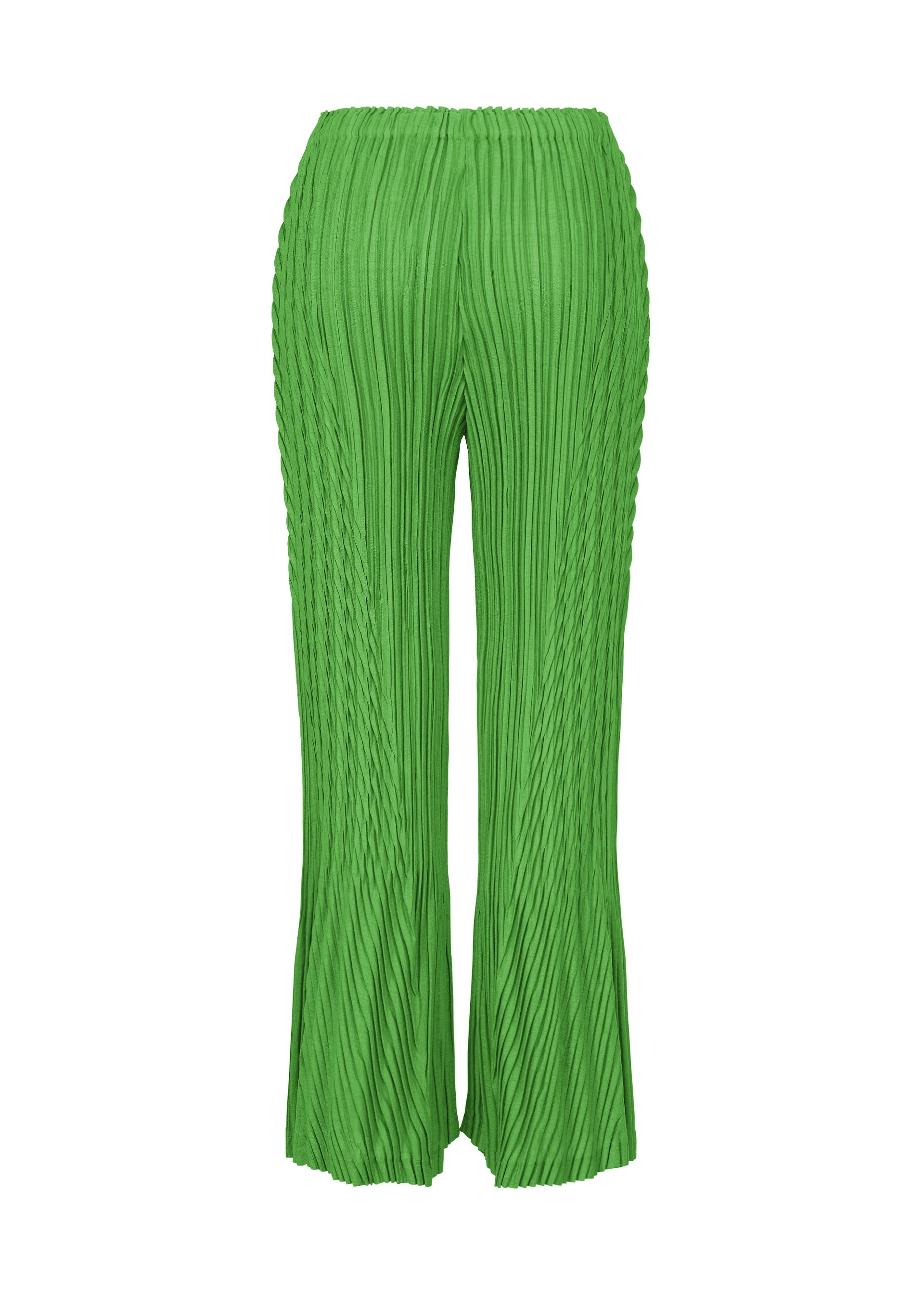 Zoomed view The UNFURLING PLEATS pants by ISSEY MIYAKE feature a bright green hue, high waist, wide legs, and an allover vertical ribbed texture.