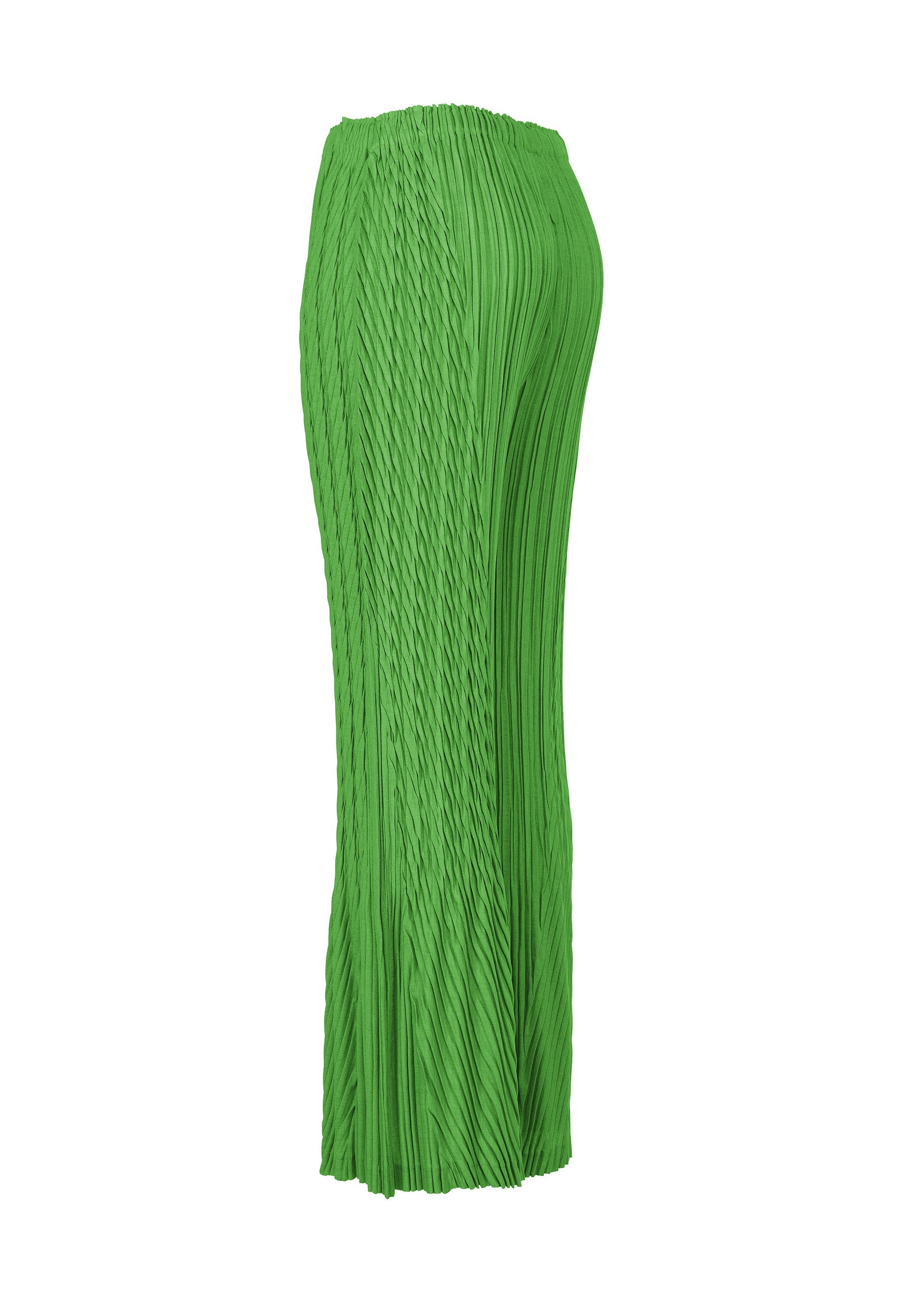 Zoomed view The UNFURLING PLEATS skirt by ISSEY MIYAKE is a long, high-waisted green skirt featuring Keshi-inspired pleats and a textured, pleated design, shown against a white background.