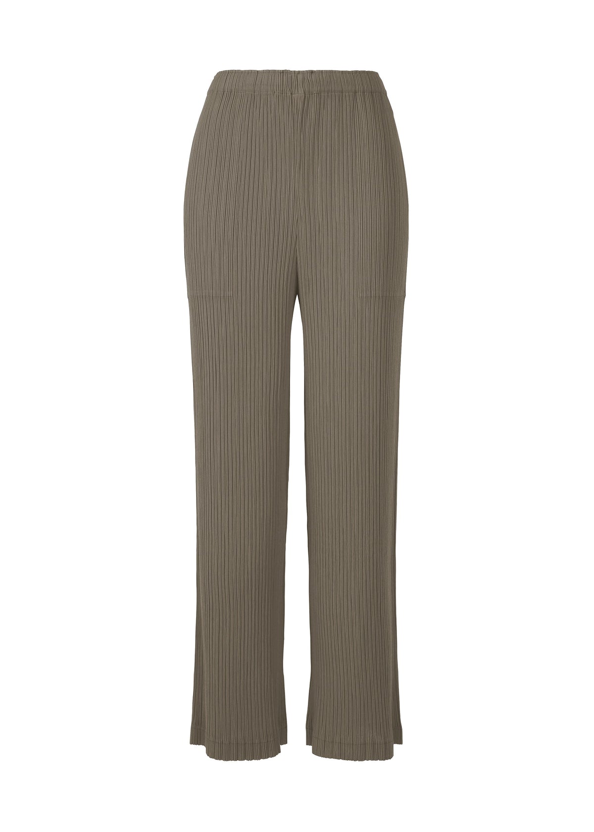 The HATCHING PLEATS by ISSEY MIYAKE are olive green, high-waisted pleated straight pants in recycled polyester with an elastic waist and textured finish—no visible pockets or embellishments. view 1 of 7