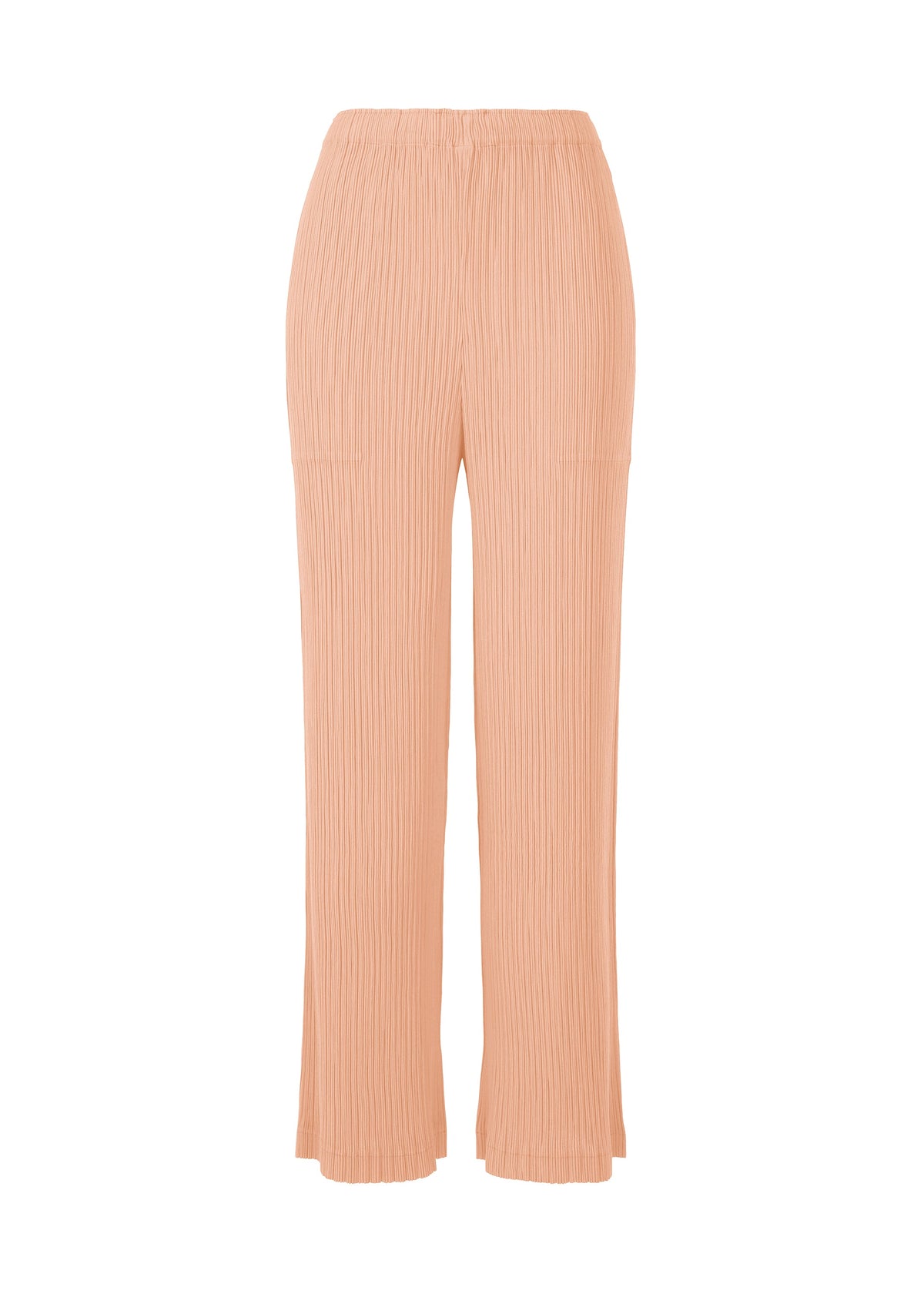 HATCHING PLEATS by ISSEY MIYAKE: Peach, high-waisted pleated straight pants with a textured finish and elastic waistband in recycled polyester, shown on a white background. view 2 of 7