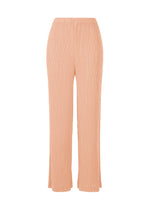 HATCHING PLEATS by ISSEY MIYAKE: Peach, high-waisted pleated straight pants with a textured finish and elastic waistband in recycled polyester, shown on a white background. - LIGHT PINK （no.21）