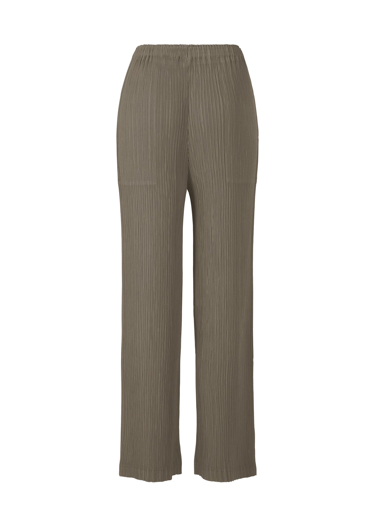 ISSEY MIYAKE HATCHING PLEATS: Olive green, wide-leg pleated straight pants with a crinkled texture and elastic waistband in recycled polyester, shown on a white background. view 3 of 7
