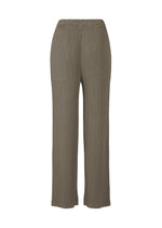 ISSEY MIYAKE HATCHING PLEATS: Olive green, wide-leg pleated straight pants with a crinkled texture and elastic waistband in recycled polyester, shown on a white background.