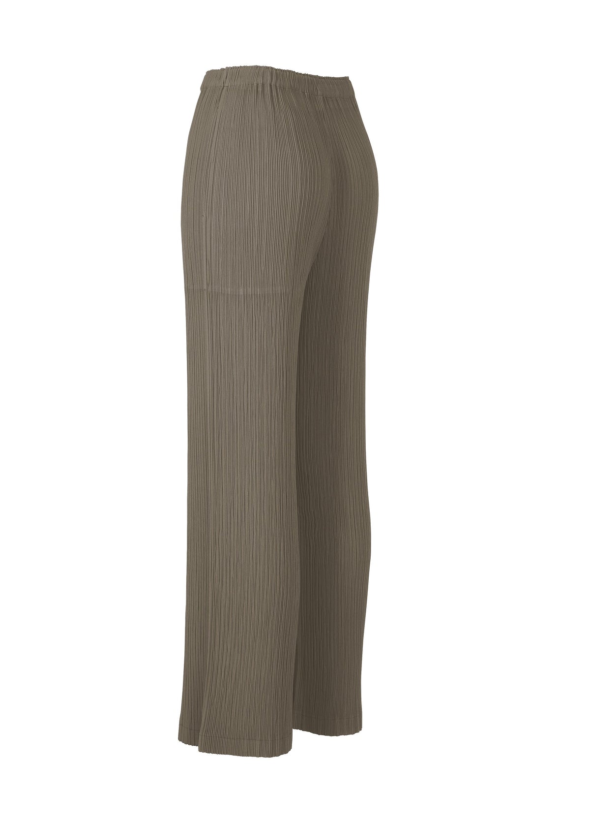 Zoomed view HATCHING PLEATS by ISSEY MIYAKE: taupe, high-waisted wide-leg pleated straight pants with a crinkled textured finish, shown from the side against a plain white background.