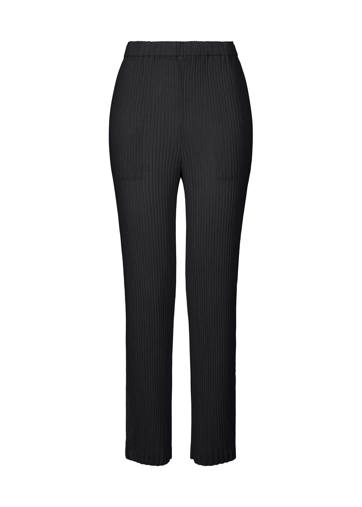 ISSEY MIYAKE HATCHING BOTTOMS in black—high-waisted, pleated straight pants with a distinctive hatching finish—displayed from the front against a white background. view 1 of 6