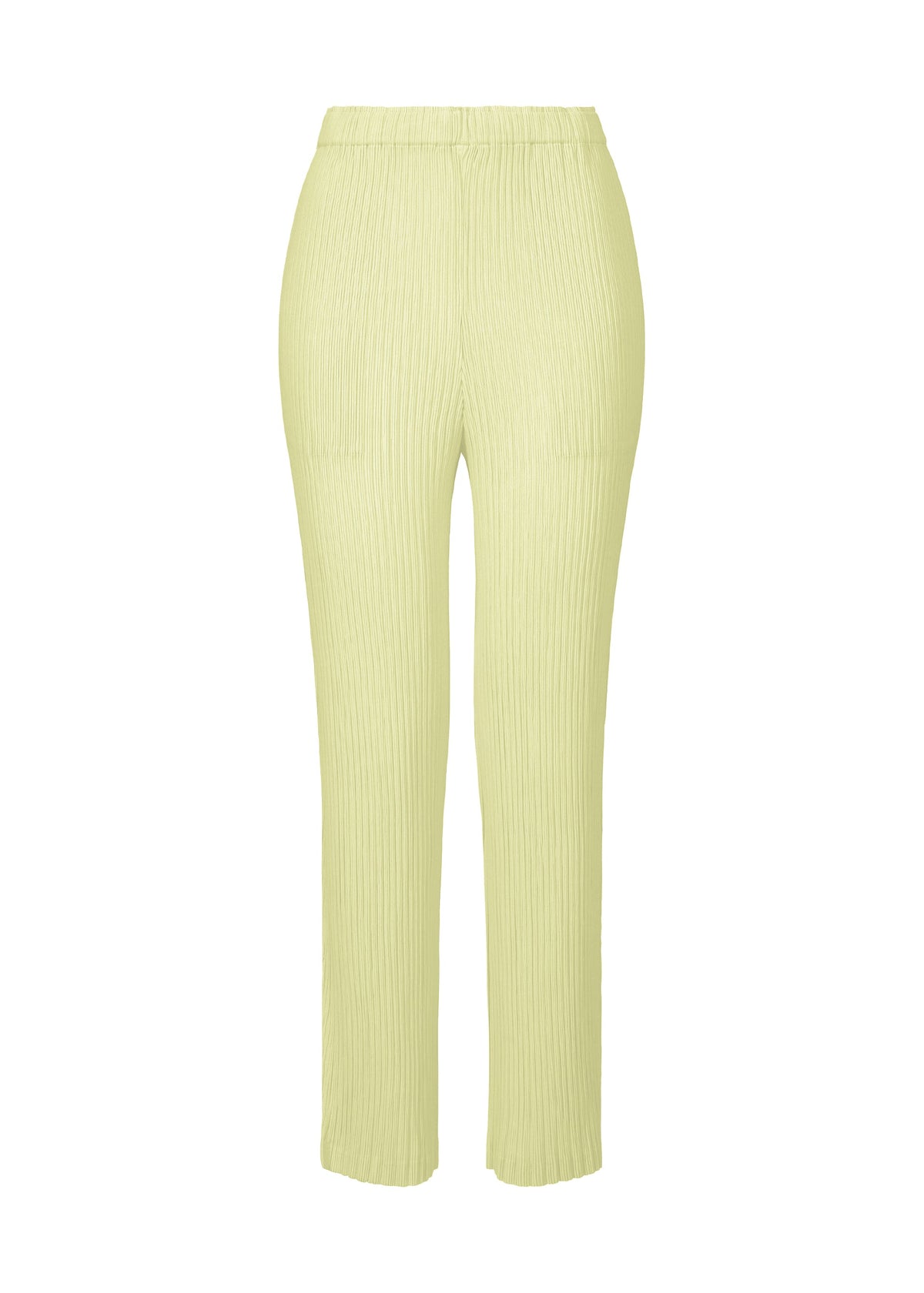 The HATCHING BOTTOMS by ISSEY MIYAKE are light yellow-green pleated straight pants featuring an elastic waistband and a subtle hatching texture, displayed on a white background. view 1 of 7