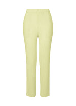 The HATCHING BOTTOMS by ISSEY MIYAKE are light yellow-green pleated straight pants featuring an elastic waistband and a subtle hatching texture, displayed on a white background. - DULL CREAM （no.50）