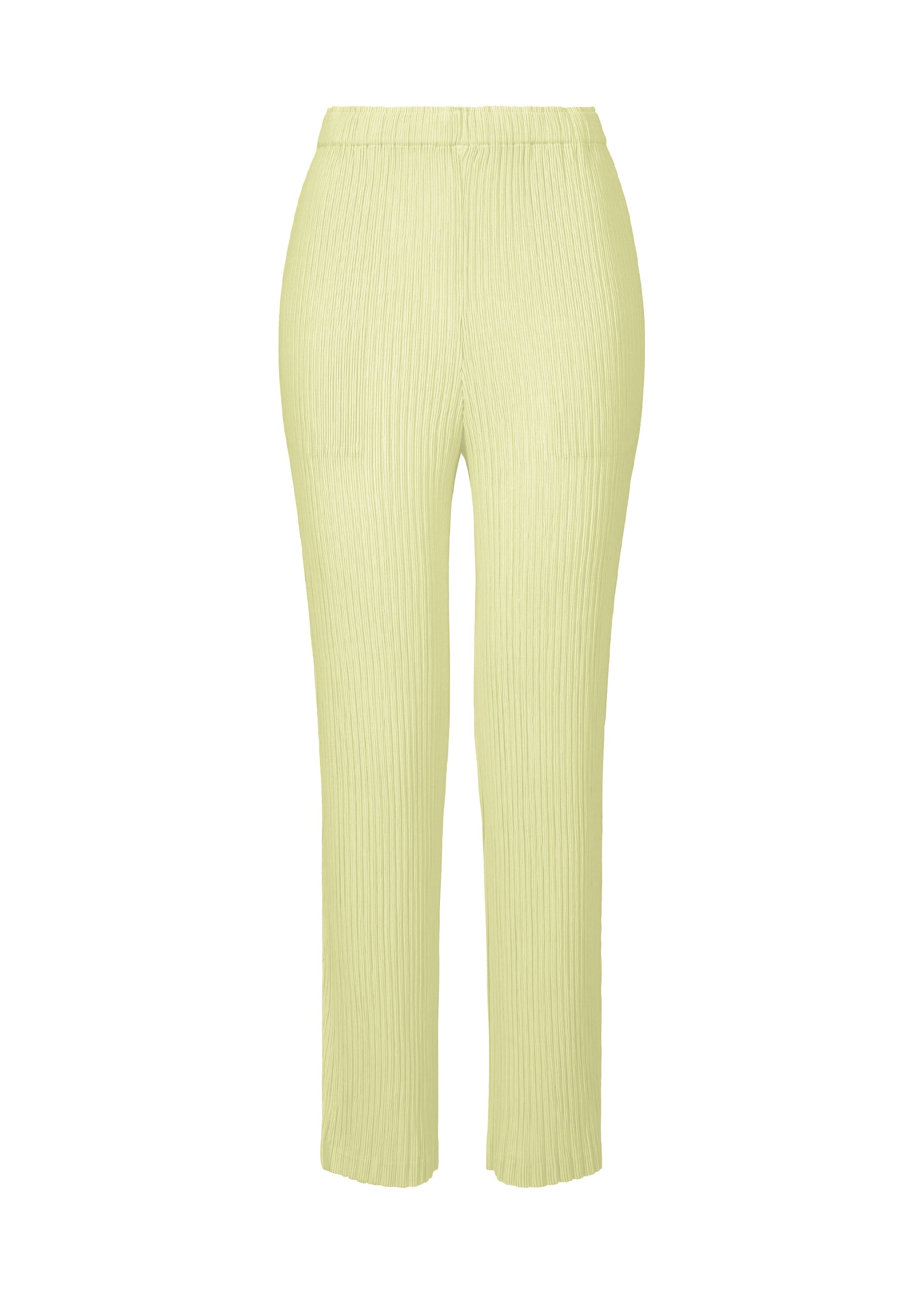 Zoomed view The HATCHING BOTTOMS by ISSEY MIYAKE are light yellow-green pleated straight pants featuring an elastic waistband and a subtle hatching texture, displayed on a white background. - DULL CREAM （no.50）