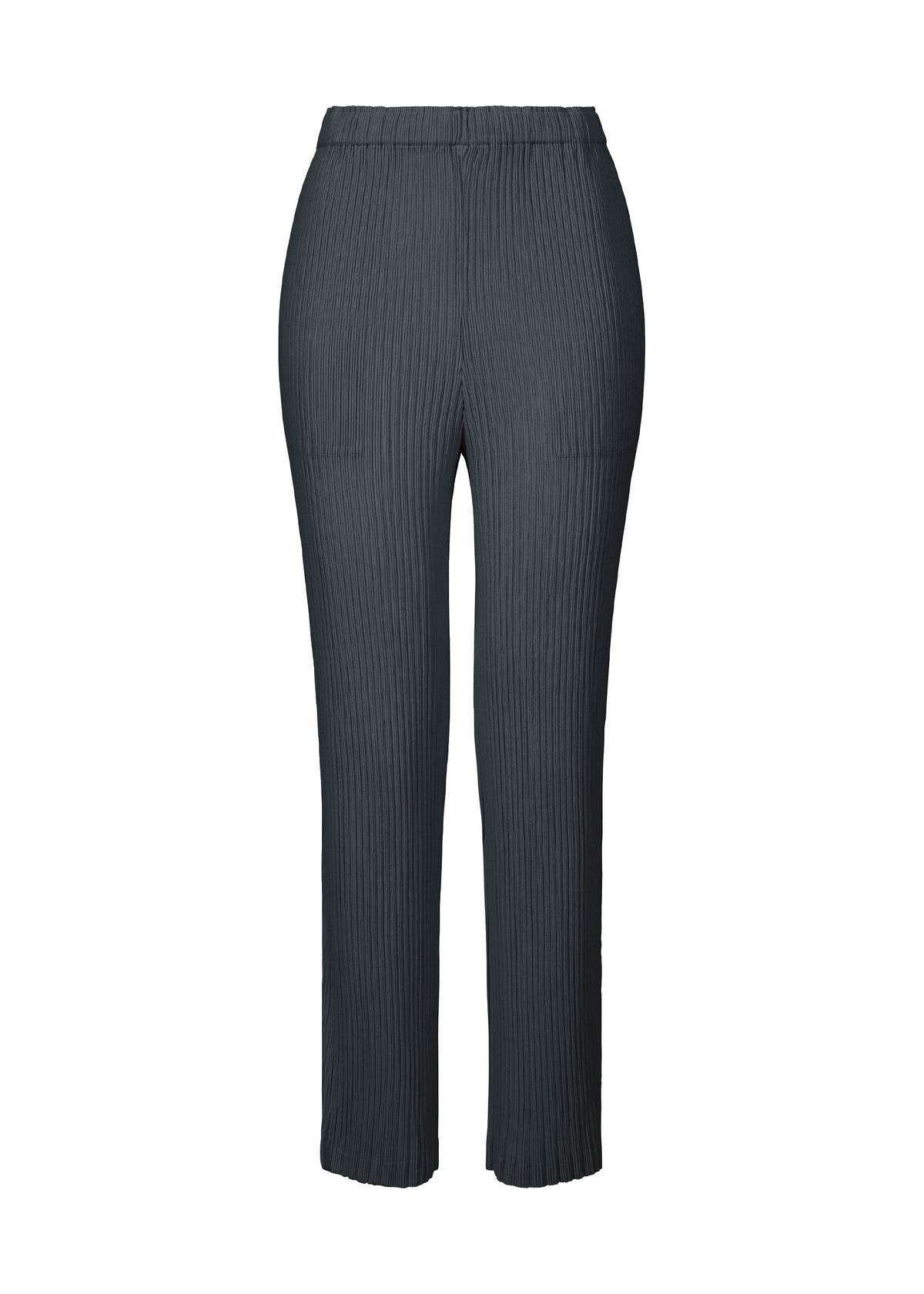 HATCHING BOTTOMS by ISSEY MIYAKE: high-waisted, dark grey straight pants with a subtle hatching-effect vertical pleated texture, shown against a white background. view 2 of 7