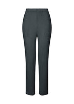 HATCHING BOTTOMS by ISSEY MIYAKE: high-waisted, dark grey straight pants with a subtle hatching-effect vertical pleated texture, shown against a white background. - DARK NAVY （no.78）