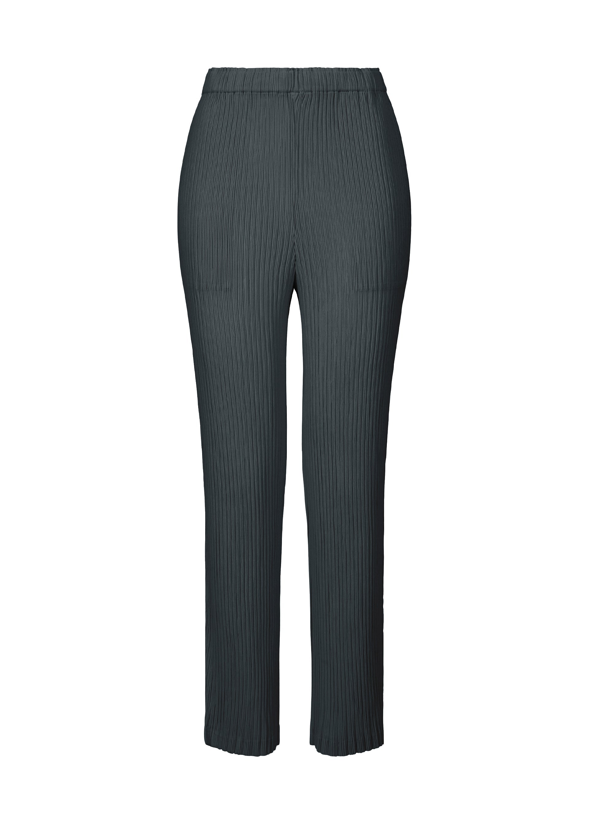 Zoomed view HATCHING BOTTOMS by ISSEY MIYAKE: high-waisted, dark grey straight pants with a subtle hatching-effect vertical pleated texture, shown against a white background. - DARK NAVY （no.78）