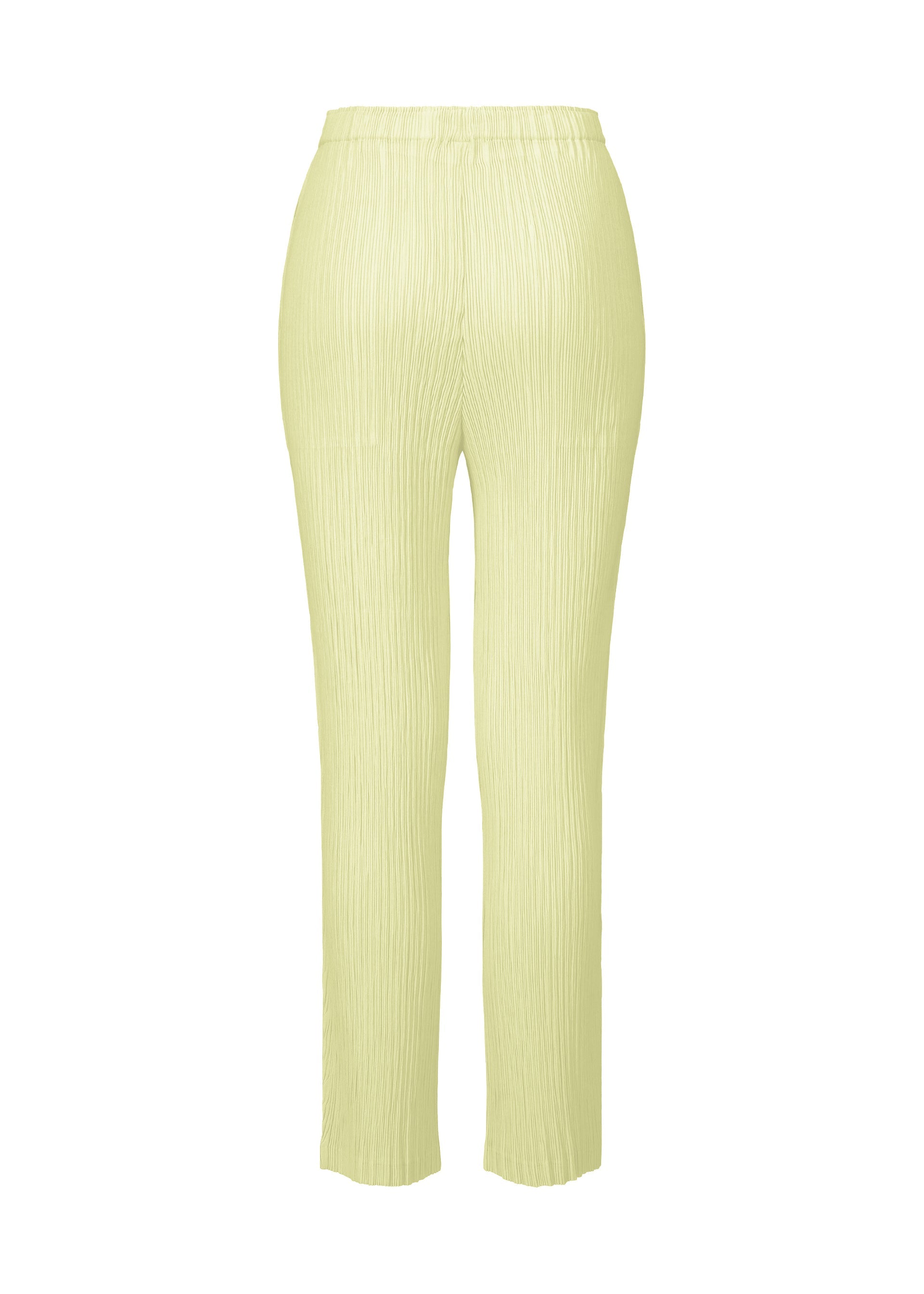 Zoomed view ISSEY MIYAKE HATCHING BOTTOMS in light yellow are high-waisted, pleated straight pants crafted from a crinkled, textured fabric with a subtle hatching finish. The simple design features no visible pockets or embellishments and is shown on a white background.