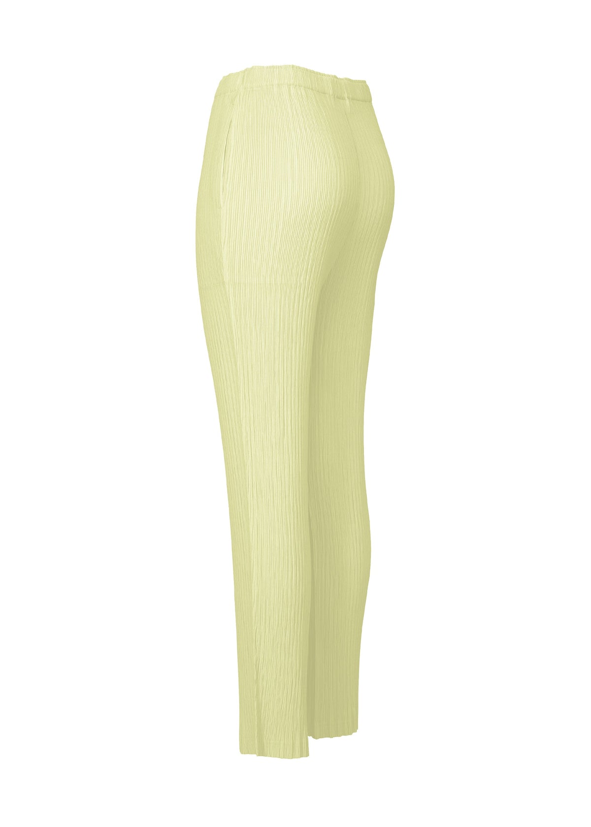 Light yellow HATCHING BOTTOMS by ISSEY MIYAKE, featuring a high waist, pleated straight-leg silhouette, and a subtle hatching finish, displayed from a side view on an invisible mannequin against a white background. view 3 of 6