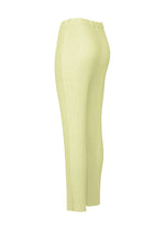 Light yellow HATCHING BOTTOMS by ISSEY MIYAKE, featuring a high waist, pleated straight-leg silhouette, and a subtle hatching finish, displayed from a side view on an invisible mannequin against a white background.