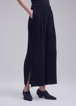 A person stands with hands in their pockets against a plain background, dressed in ISSEY MIYAKE’s HATCHING BOTTOMS—loose, black pleated wide-leg pants with side slits crafted from textured polyester for a subtle hatching appearance—paired with a black top and black shoes.