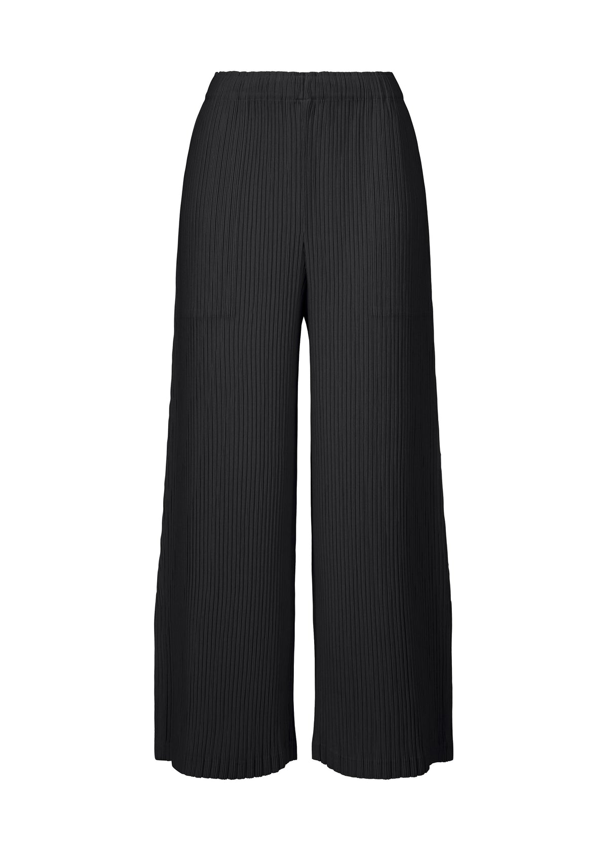 The HATCHING BOTTOMS by ISSEY MIYAKE are wide-leg black pleated pants, featuring an elastic waistband and crafted from textured polyester for a subtle hatching effect, shown against a plain white background. view 1 of 6