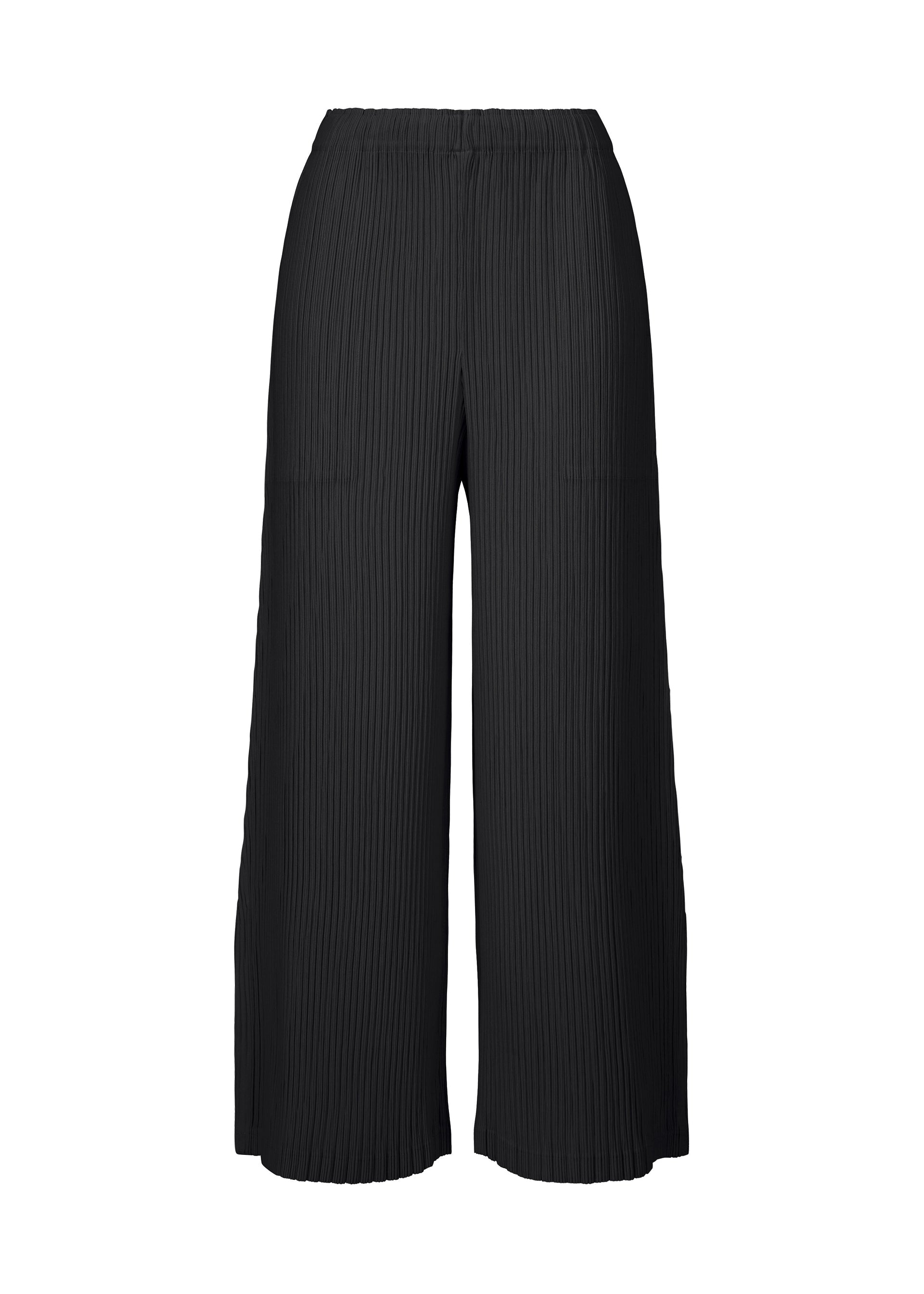 Zoomed view The HATCHING BOTTOMS by ISSEY MIYAKE are wide-leg black pleated pants, featuring an elastic waistband and crafted from textured polyester for a subtle hatching effect, shown against a plain white background. - BLACK （no.15）