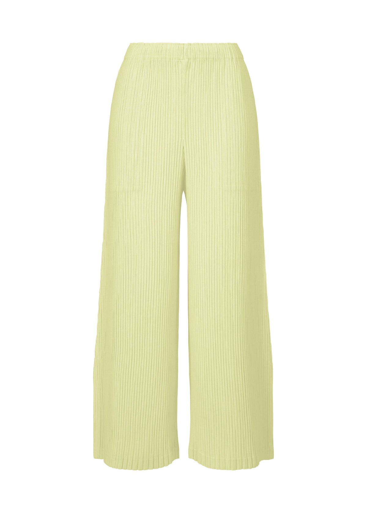 HATCHING BOTTOMS by ISSEY MIYAKE are light yellow pleated wide pants featuring an elastic waistband and a subtle textured finish, crafted from soft polyester and displayed against a plain white background. view 1 of 7