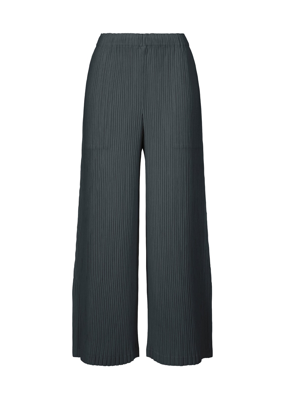 The HATCHING BOTTOMS by ISSEY MIYAKE are dark gray, wide-leg, high-waisted pants with a refined vertical pleated texture and an elegant finish. Made from soft polyester, these pants offer an elastic waistband and a relaxed, loose fit for all-day comfort. view 2 of 7