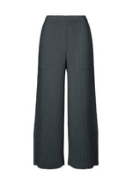 The HATCHING BOTTOMS by ISSEY MIYAKE are dark gray, wide-leg, high-waisted pants with a refined vertical pleated texture and an elegant finish. Made from soft polyester, these pants offer an elastic waistband and a relaxed, loose fit for all-day comfort. - DARK NAVY （no.78）