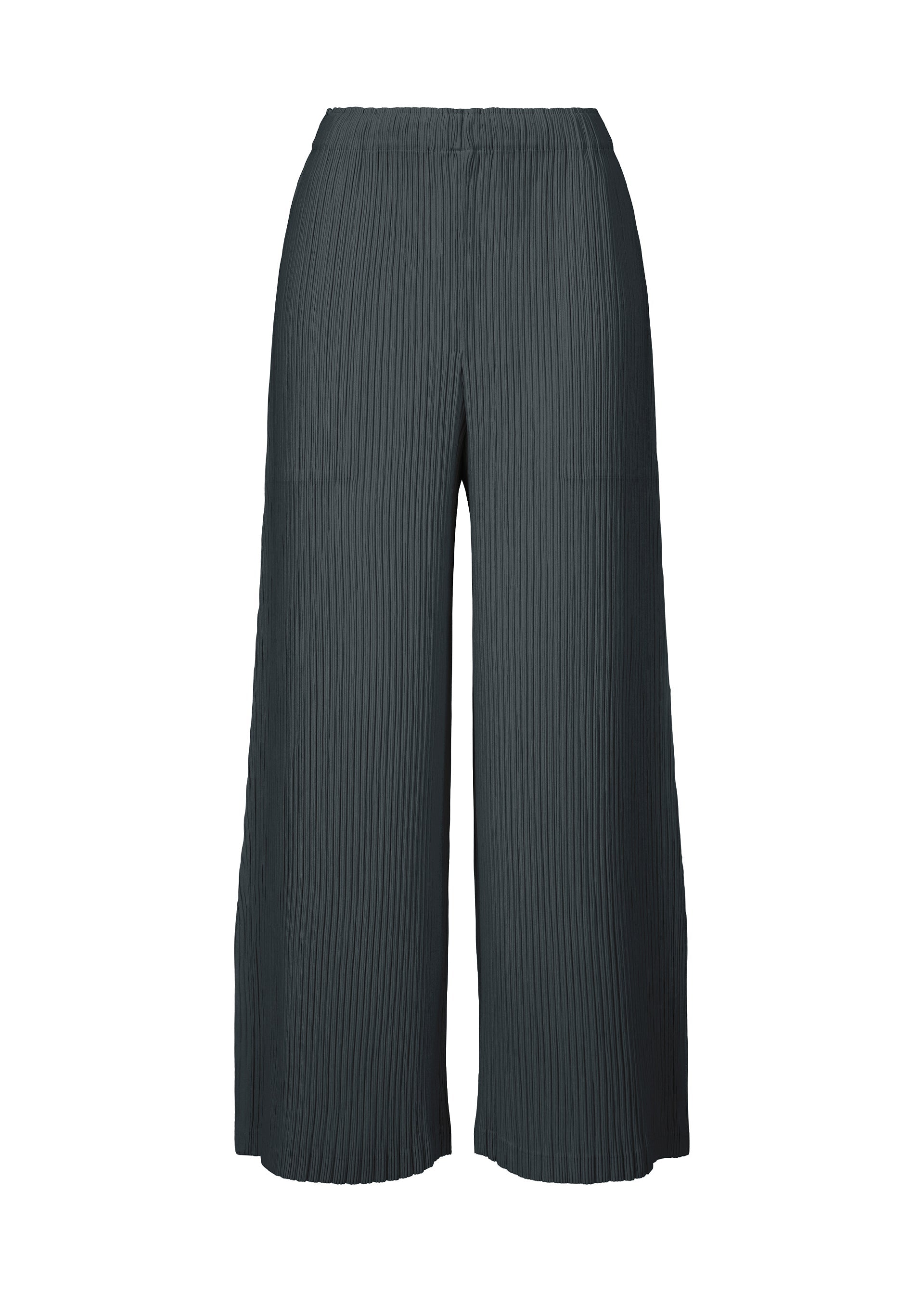 Zoomed view The HATCHING BOTTOMS by ISSEY MIYAKE are dark gray, wide-leg, high-waisted pants with a refined vertical pleated texture and an elegant finish. Made from soft polyester, these pants offer an elastic waistband and a relaxed, loose fit for all-day comfort. - DARK NAVY （no.78）
