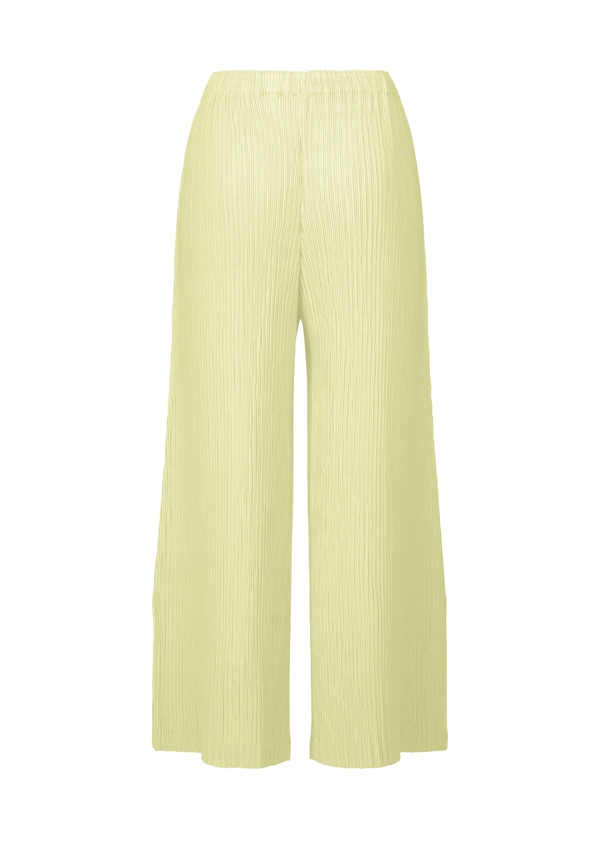 The HATCHING BOTTOMS by ISSEY MIYAKE are light yellow pleated wide pants with an elastic waistband. Made from textured polyester, they feature a subtly crinkled, hatching appearance and are displayed against a plain white background. view 2 of 6