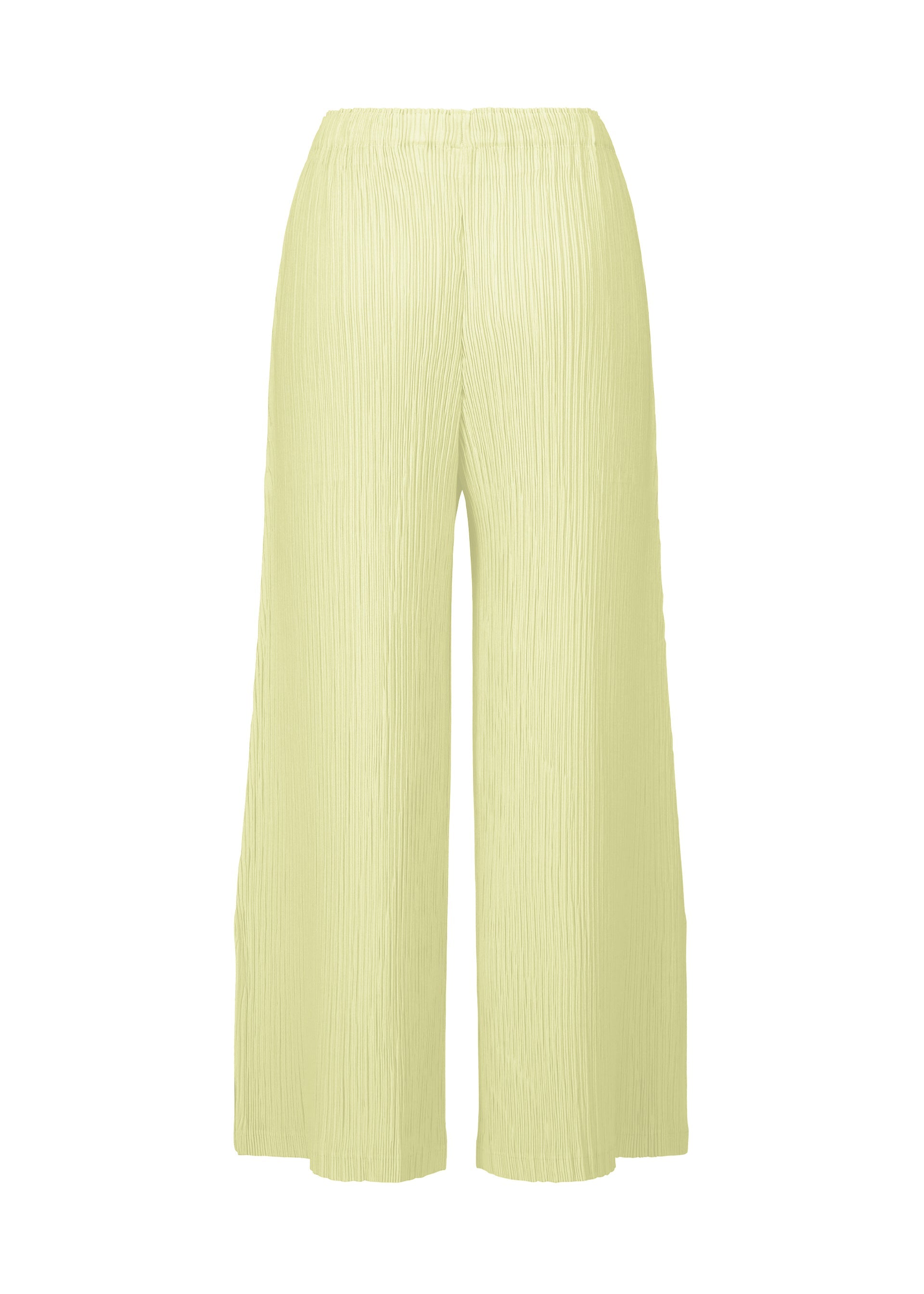 Zoomed view The HATCHING BOTTOMS by ISSEY MIYAKE are light yellow pleated wide pants with an elastic waistband. Made from textured polyester, they feature a subtly crinkled, hatching appearance and are displayed against a plain white background.