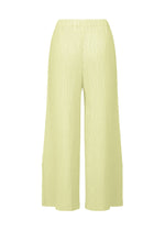 HATCHING BOTTOMS by ISSEY MIYAKE are wide-leg, high-waisted pleated pants in a light yellow hue with a textured finish, crafted from polyester and shown against a white background.