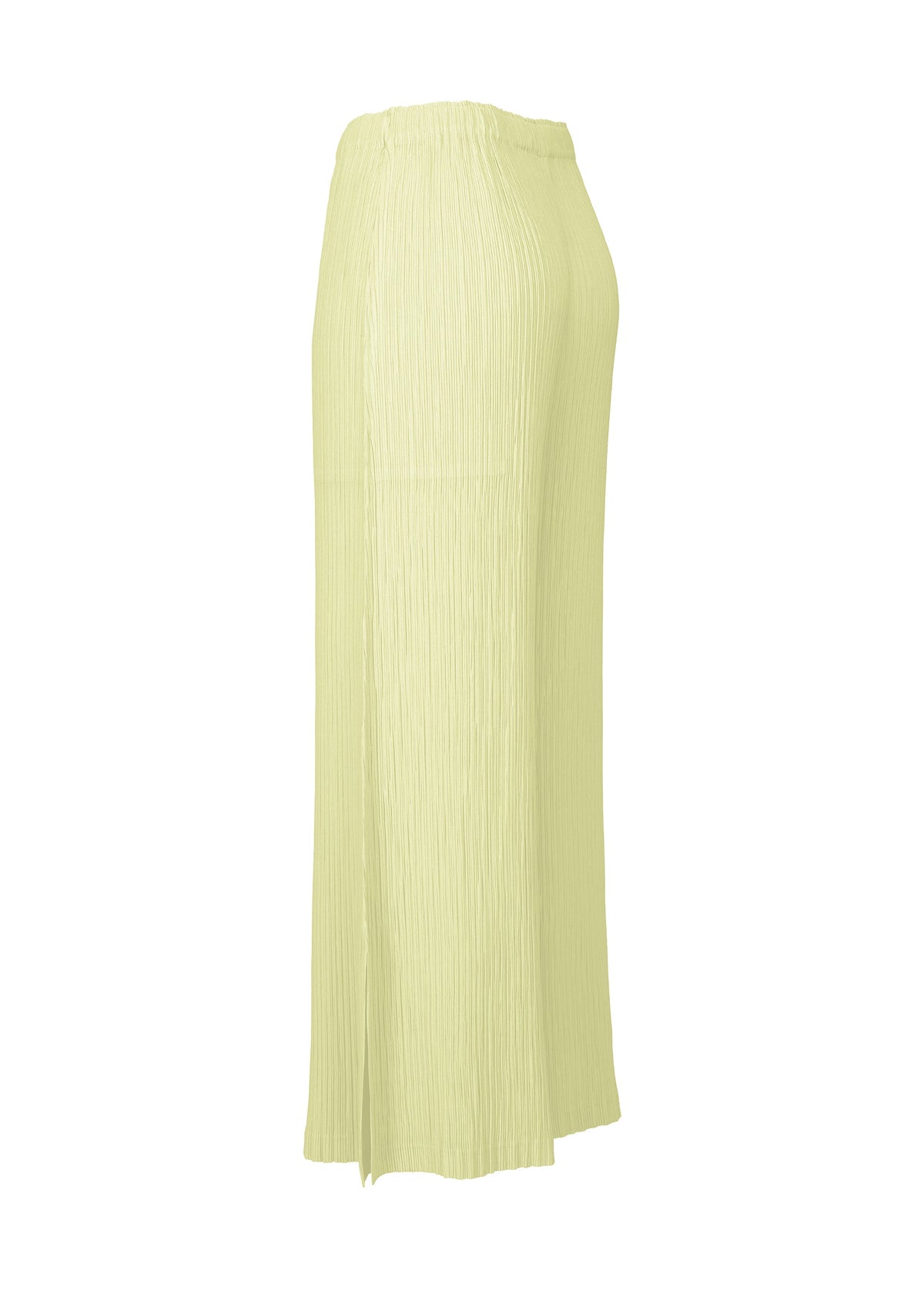 The HATCHING BOTTOMS skirt by ISSEY MIYAKE is a light yellow, ankle-length piece featuring a crinkled, hatching texture, an elastic waistband, and a side slit, displayed from a side angle against a plain white background. view 3 of 6