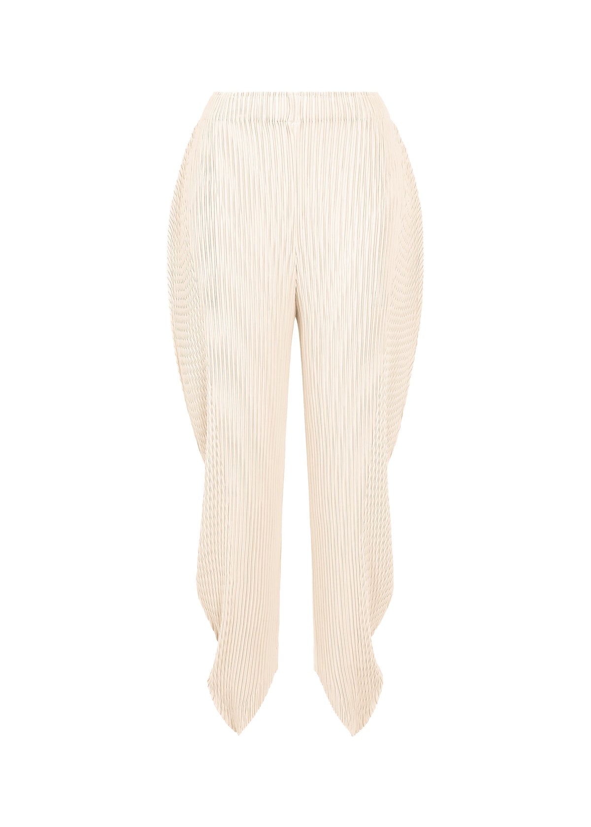 Introducing LEAF PLEATS by ISSEY MIYAKE: cream-colored double-pleated pants with a distinctive sculptural silhouette inspired by a leaf. Featuring exaggerated curved side panels and an uneven hem, these fashion-forward trousers make a modern statement, captured against a white background. view 1 of 8