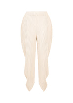 Introducing LEAF PLEATS by ISSEY MIYAKE: cream-colored double-pleated pants with a distinctive sculptural silhouette inspired by a leaf. Featuring exaggerated curved side panels and an uneven hem, these fashion-forward trousers make a modern statement, captured against a white background. - OFF-WHITE （no.02）