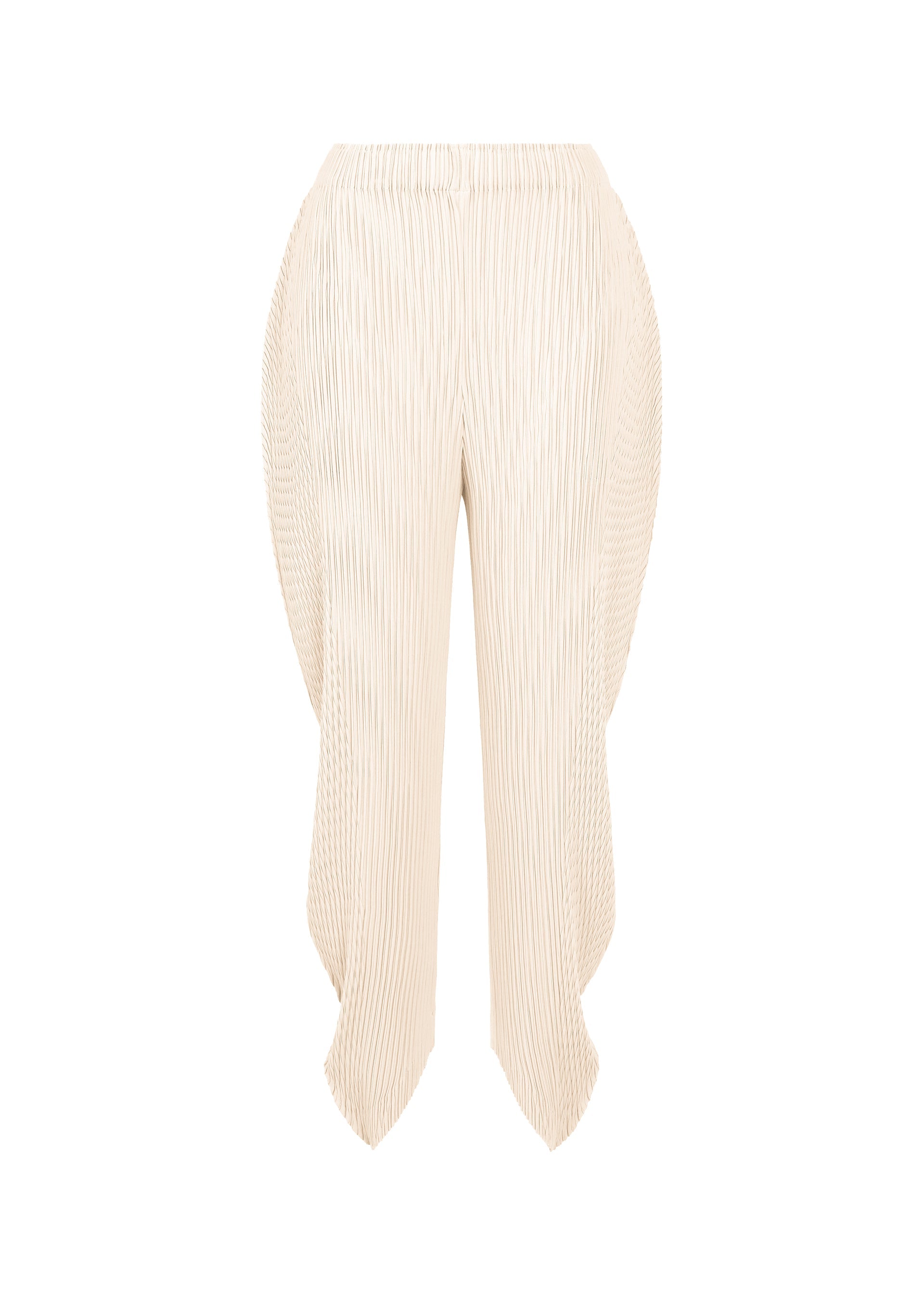 Zoomed view Introducing LEAF PLEATS by ISSEY MIYAKE: cream-colored double-pleated pants with a distinctive sculptural silhouette inspired by a leaf. Featuring exaggerated curved side panels and an uneven hem, these fashion-forward trousers make a modern statement, captured against a white background. - OFF-WHITE （no.02）