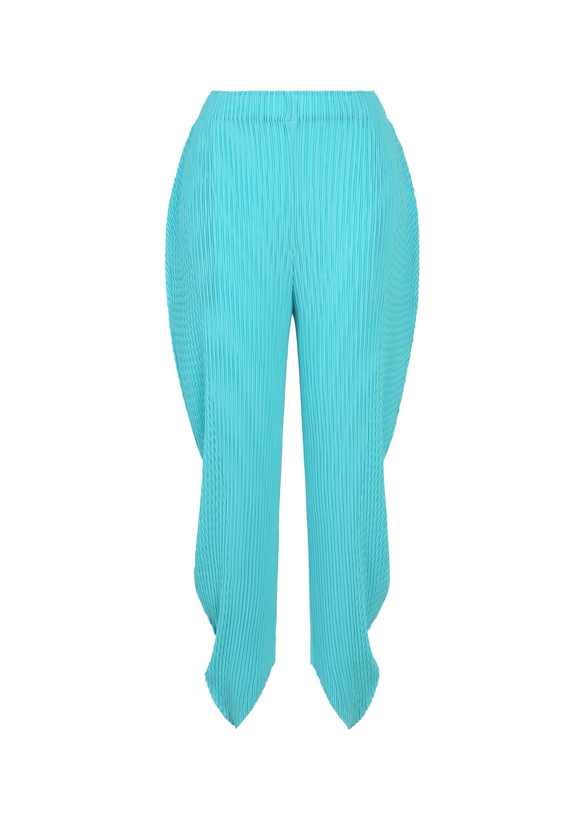 LEAF PLEATS pants by ISSEY MIYAKE in bright turquoise, featuring double pleats, an asymmetric scalloped hem, and wide curved side panels that evoke a subtle leaf silhouette, displayed on a white background. view 2 of 8