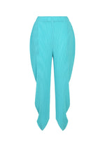 LEAF PLEATS pants by ISSEY MIYAKE in bright turquoise, featuring double pleats, an asymmetric scalloped hem, and wide curved side panels that evoke a subtle leaf silhouette, displayed on a white background. - LIGHT BLUE （no.71）