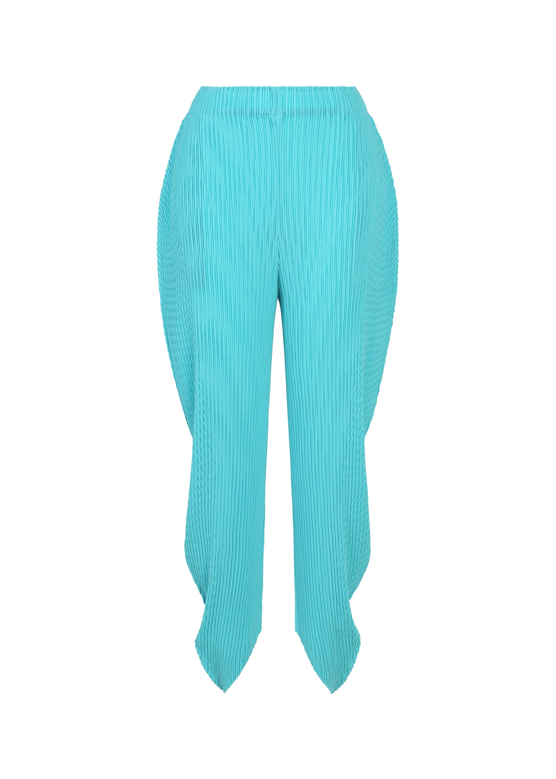 Zoomed view LEAF PLEATS pants by ISSEY MIYAKE in bright turquoise, featuring double pleats, an asymmetric scalloped hem, and wide curved side panels that evoke a subtle leaf silhouette, displayed on a white background. - LIGHT BLUE （no.71）