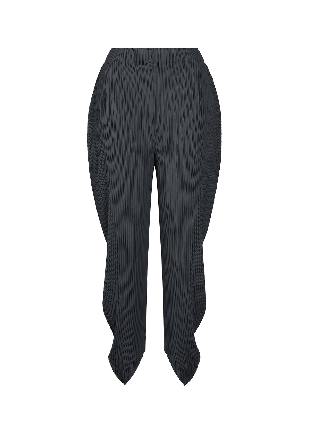 LEAF PLEATS black double-pleated pants by ISSEY MIYAKE, showcasing a unique sculptural silhouette with flared, asymmetrical side panels inspired by leaf shapes that extend below the hem, displayed against a white background. view 3 of 8
