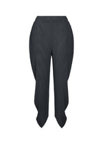 LEAF PLEATS black double-pleated pants by ISSEY MIYAKE, showcasing a unique sculptural silhouette with flared, asymmetrical side panels inspired by leaf shapes that extend below the hem, displayed against a white background. - DARK NAVY （no.78）
