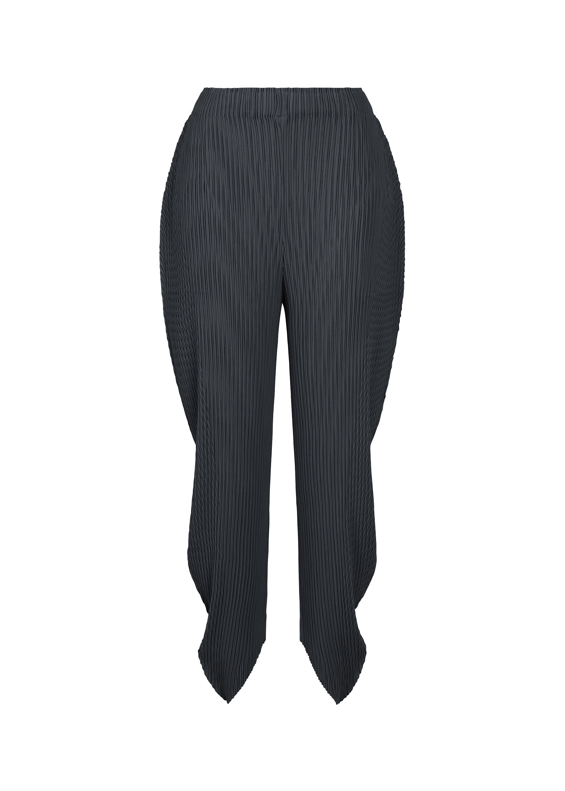 Zoomed view LEAF PLEATS black double-pleated pants by ISSEY MIYAKE, showcasing a unique sculptural silhouette with flared, asymmetrical side panels inspired by leaf shapes that extend below the hem, displayed against a white background. - DARK NAVY （no.78）