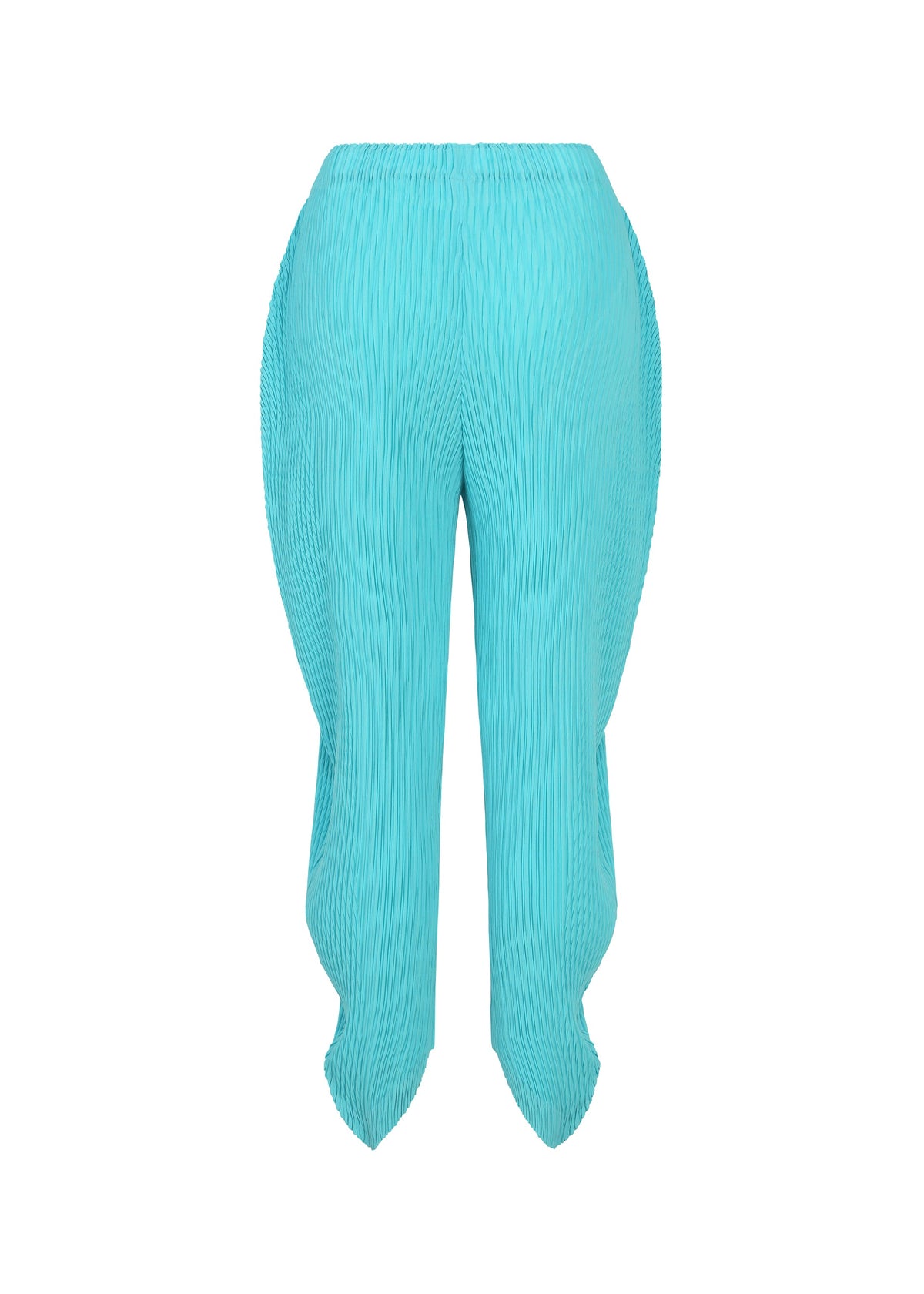 LEAF PLEATS by ISSEY MIYAKE: vivid turquoise double-pleated pants featuring a distinctive sculpted, wavy leaf silhouette and asymmetrical hems, showcased against a plain white background. view 4 of 8