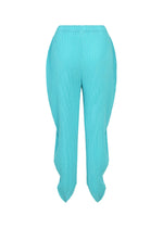 LEAF PLEATS by ISSEY MIYAKE: vivid turquoise double-pleated pants featuring a distinctive sculpted, wavy leaf silhouette and asymmetrical hems, showcased against a plain white background.