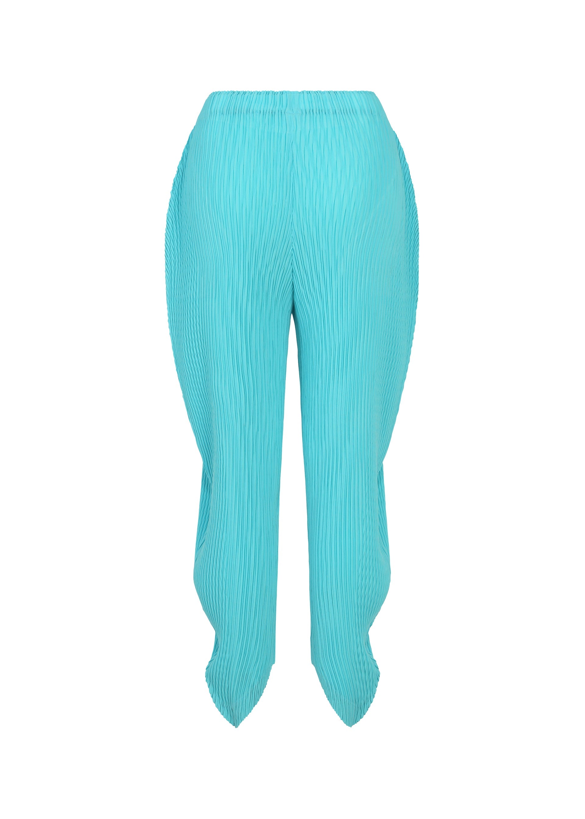Zoomed view LEAF PLEATS by ISSEY MIYAKE: vivid turquoise double-pleated pants featuring a distinctive sculpted, wavy leaf silhouette and asymmetrical hems, showcased against a plain white background.
