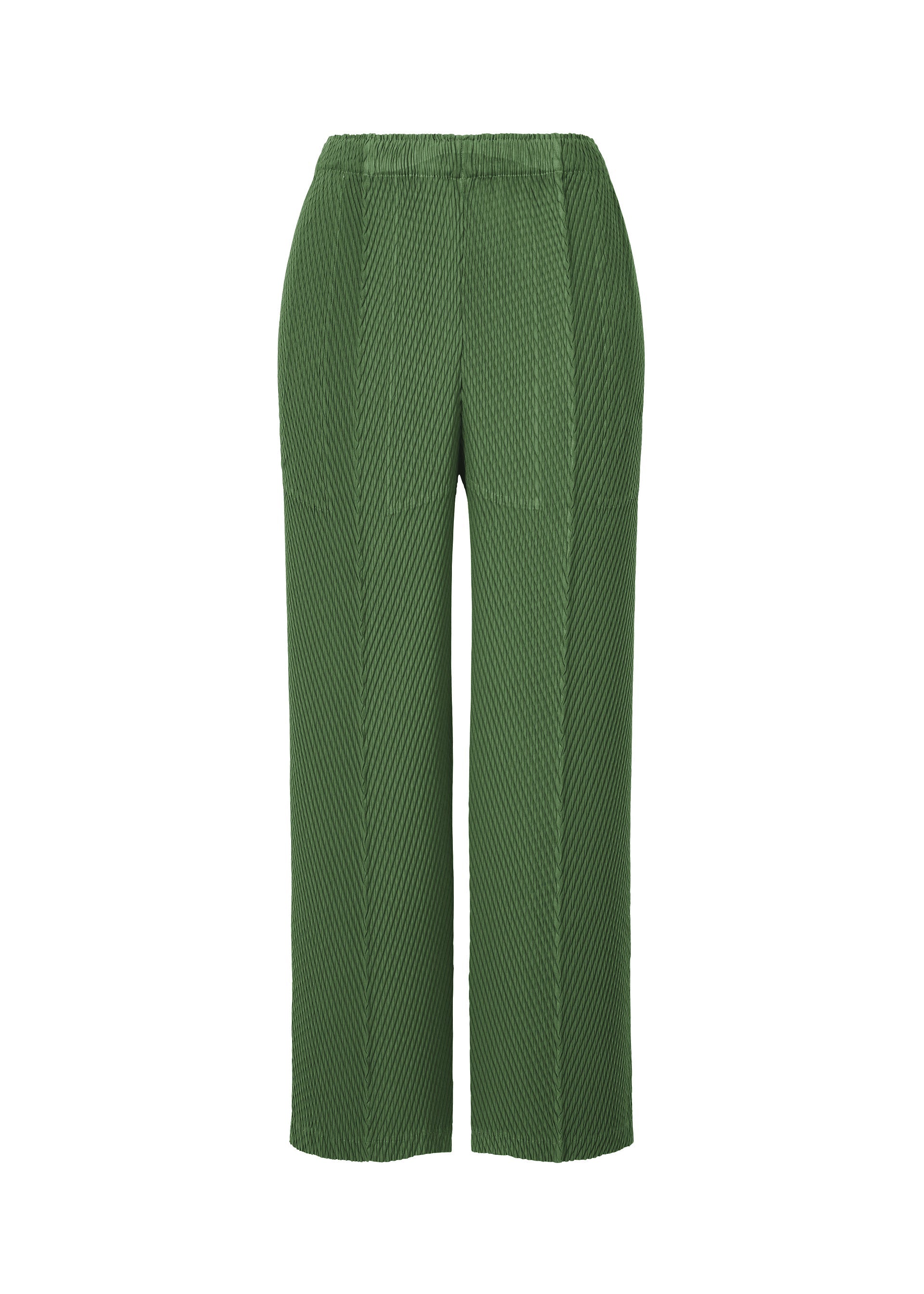 Zoomed view The RHOMBUS PLEATS by ISSEY MIYAKE are high-waisted, straight-leg green pants with a relaxed fit and ribbed, textured fabric, finished with an elastic waistband. Shown against a plain white background.