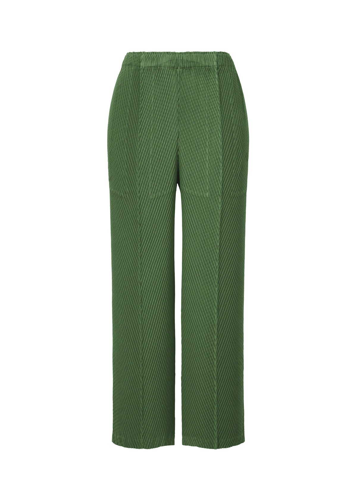 The ISSEY MIYAKE RHOMBUS PLEATS pants feature a green textured finish, high elastic waistband, subtle vertical seams, and an ankle-length straight-leg cut for a sleek silhouette, shown against a plain white background. view 1 of 6