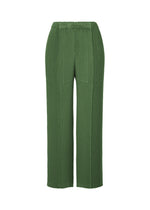 The ISSEY MIYAKE RHOMBUS PLEATS pants feature a green textured finish, high elastic waistband, subtle vertical seams, and an ankle-length straight-leg cut for a sleek silhouette, shown against a plain white background. - DARK GREEN （no.63）