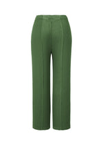 The ISSEY MIYAKE RHOMBUS PLEATS pants feature a green textured wide-leg design with a high elastic waistband, double pleats, vertical seams, and a relaxed fit for a sleek silhouette, shown against a white background.