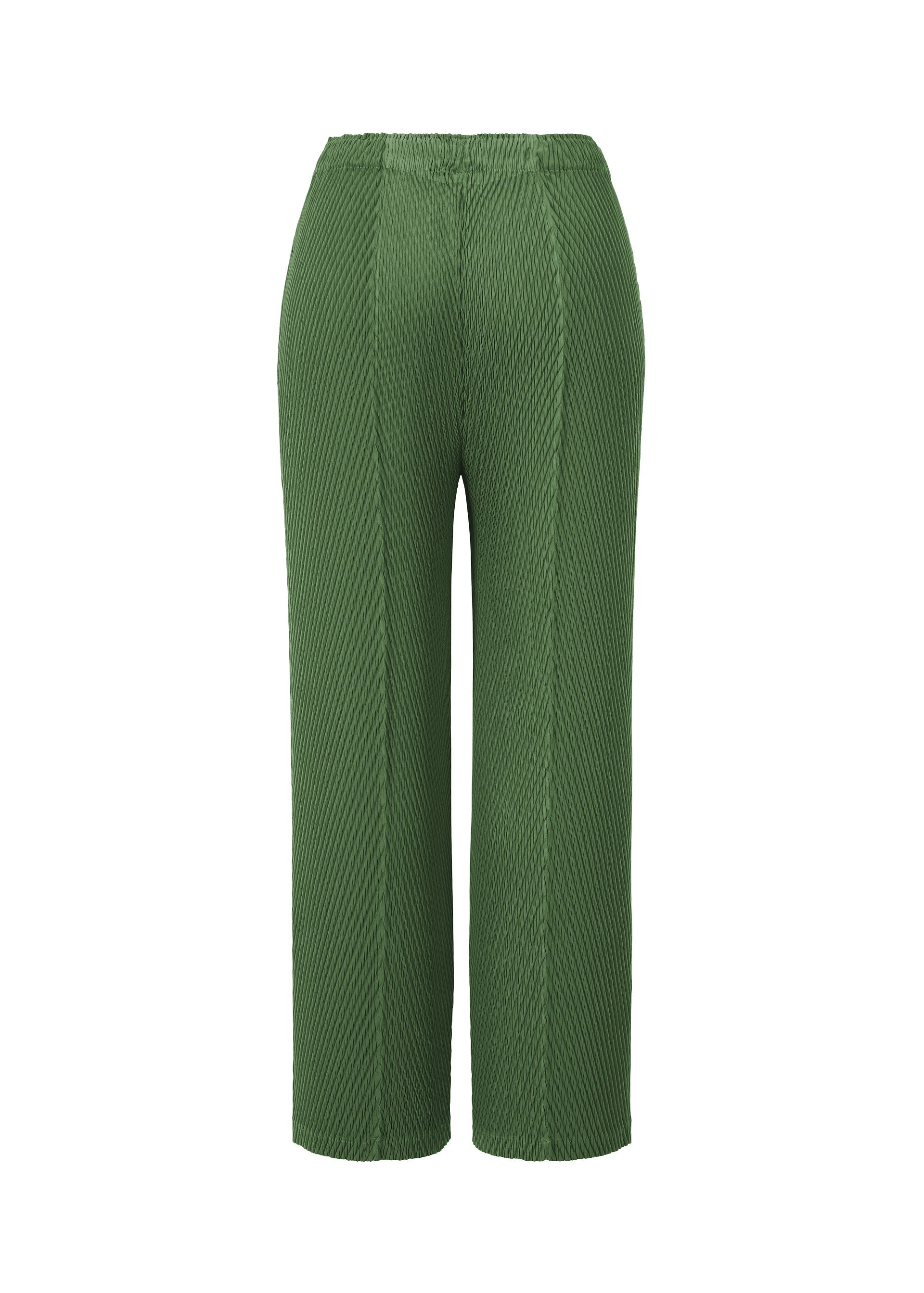 Zoomed view The ISSEY MIYAKE RHOMBUS PLEATS pants feature a green textured wide-leg design with a high elastic waistband, double pleats, vertical seams, and a relaxed fit for a sleek silhouette, shown against a white background.