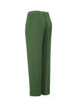 The RHOMBUS PLEATS pants by ISSEY MIYAKE feature a green textured fabric, relaxed fit, straight-leg cut, and elastic waistband, shown from a rear side angle against a plain white background.